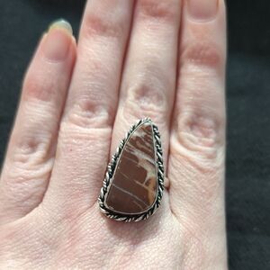 Silver Plated Brick Red and Cream Mookaite Gemstone Teardrop Statement Ring -9.5